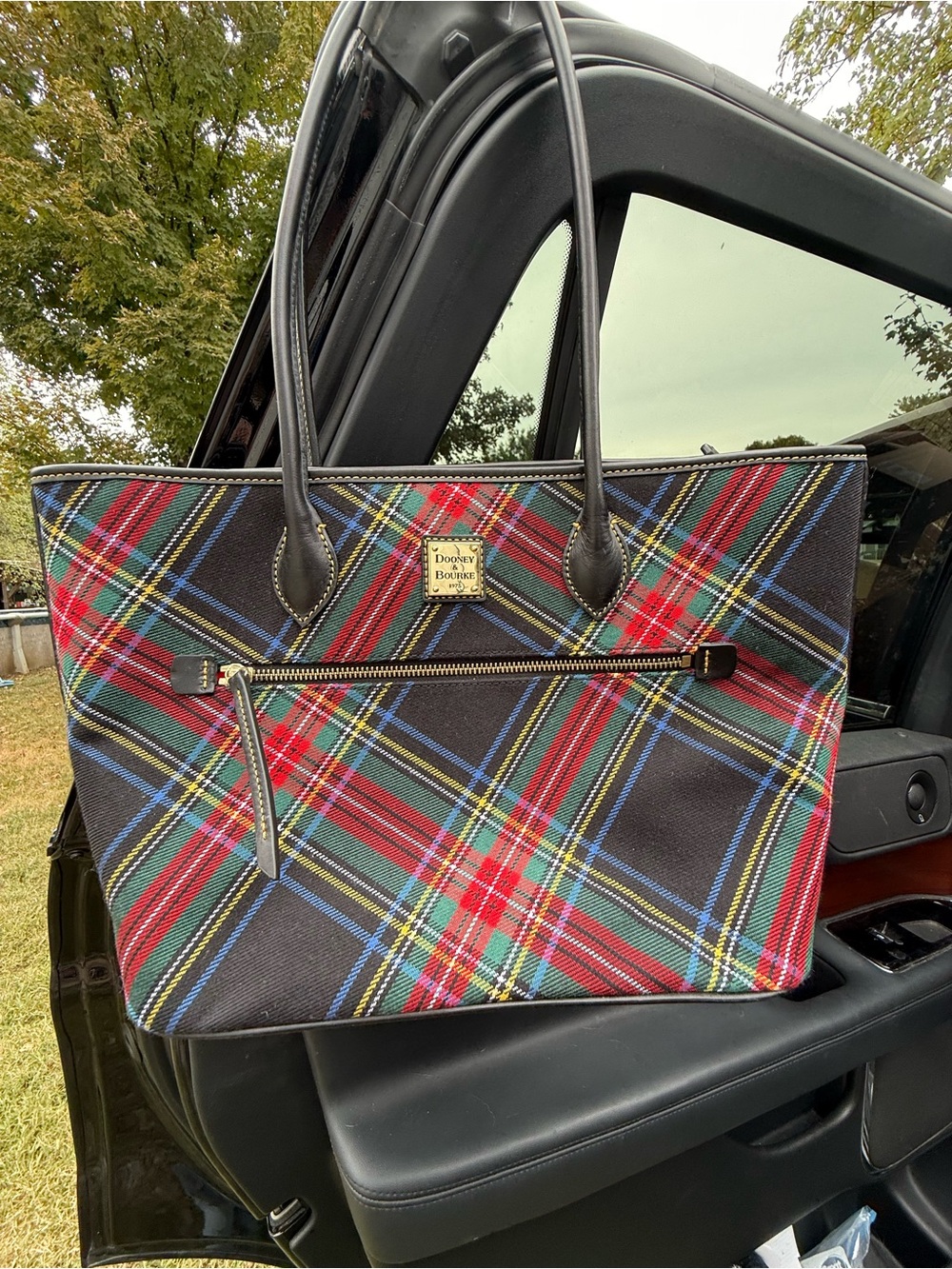 Dooney & Bourke Tartan Plaid Tote Bag Black Red Green Leather Trim Zip Top
